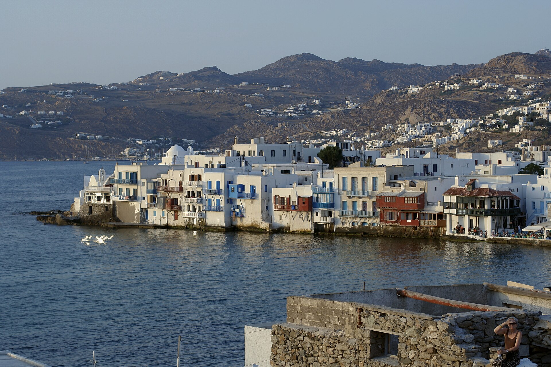 Little Venice waterfront in Mykonos Town viewed from the hill below the Kato Mili windmills