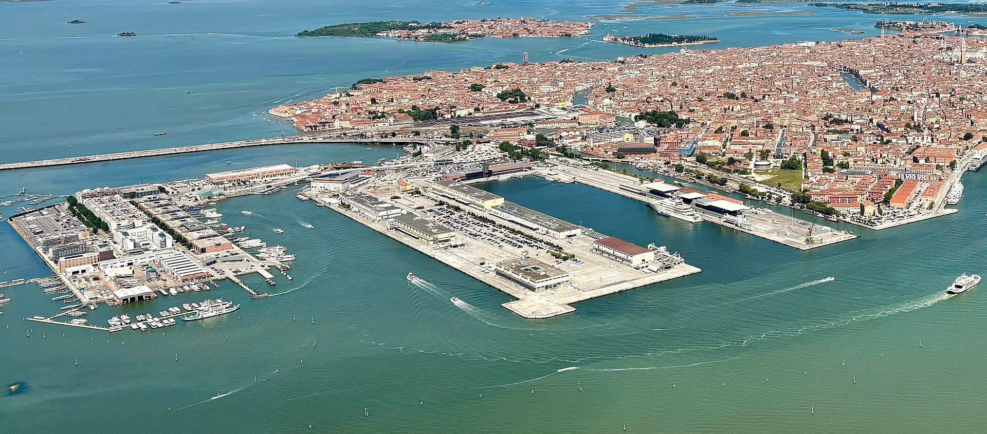 Aerial view of Venice's Marittima port area, Ponte della Libertà and the lagoon