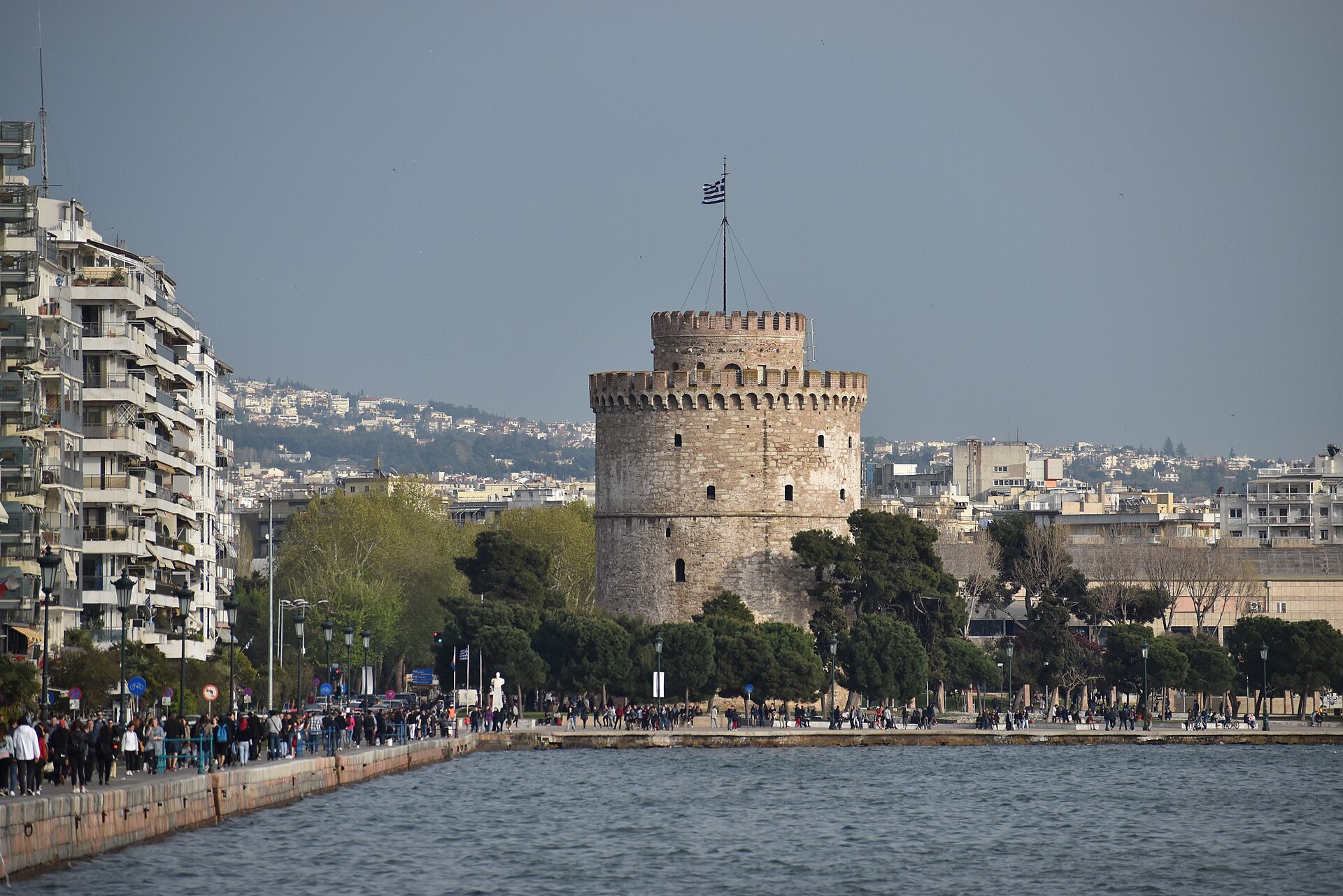 The White Tower of Thessaloniki standing beside the city's Thermaic Gulf waterfront
