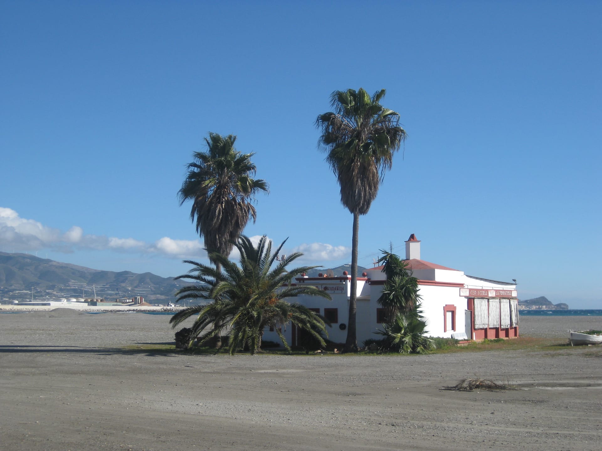 Palms, a white beach building and the Sierra de Lújar beside Playa Granada in Motril
