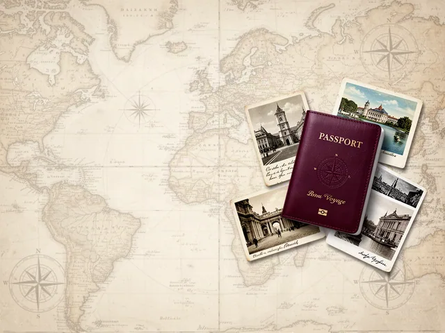 Small aged burgundy passport with three travel cards over a faded cream treasure map