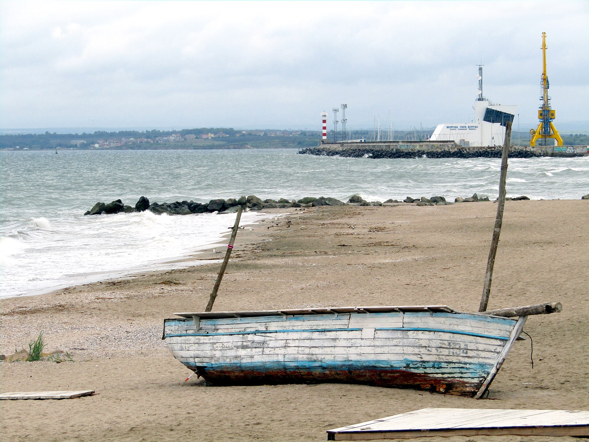 Burgas Central Beach with the passenger terminal visible beyond the Black Sea shoreline
