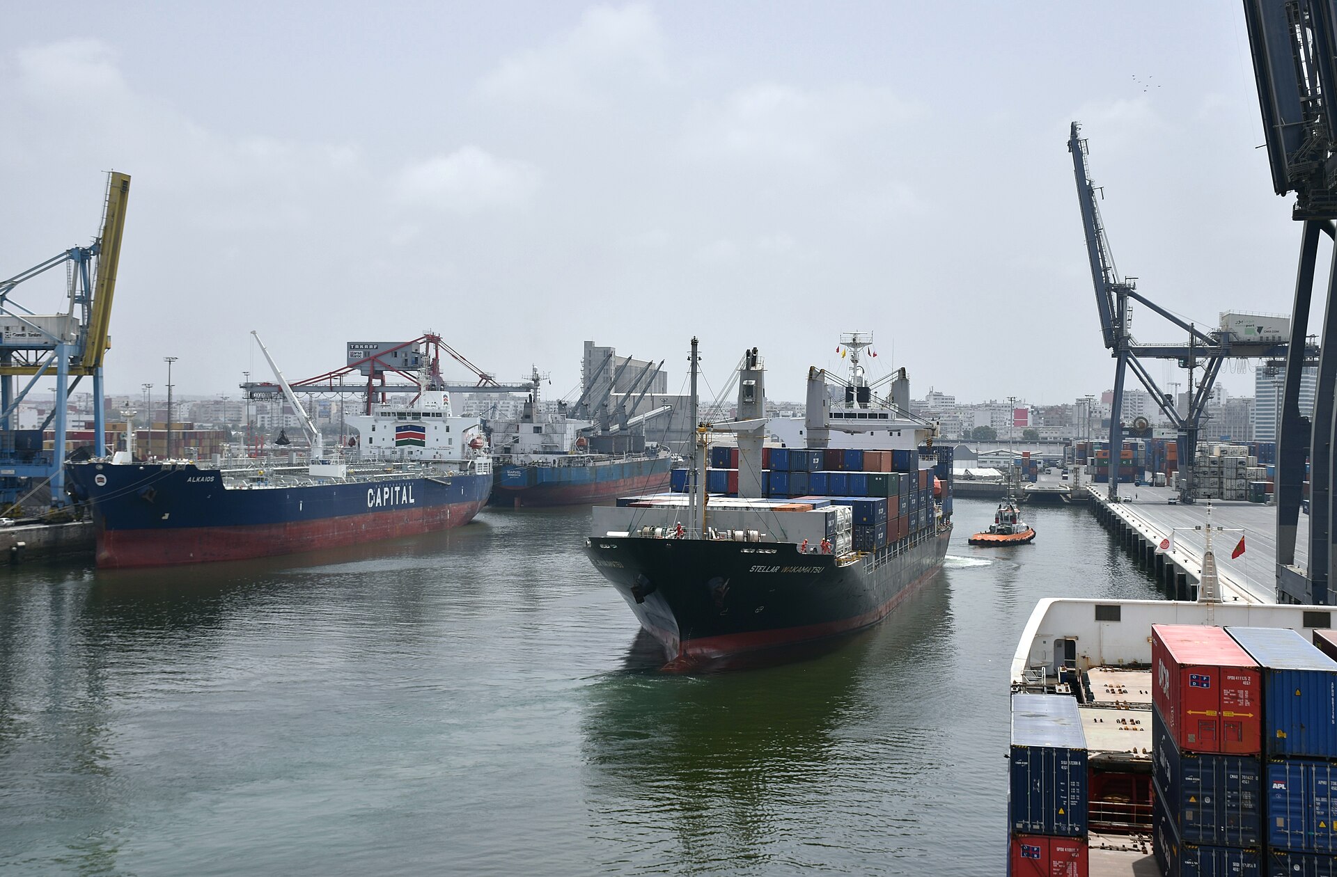 Cargo ships, containers and cranes inside Casablanca's large working harbor