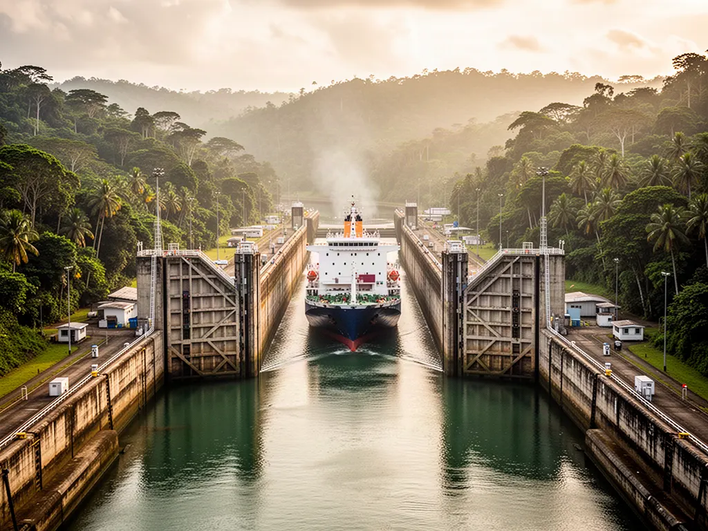 Ships passing through a canal representing the Panama Canal