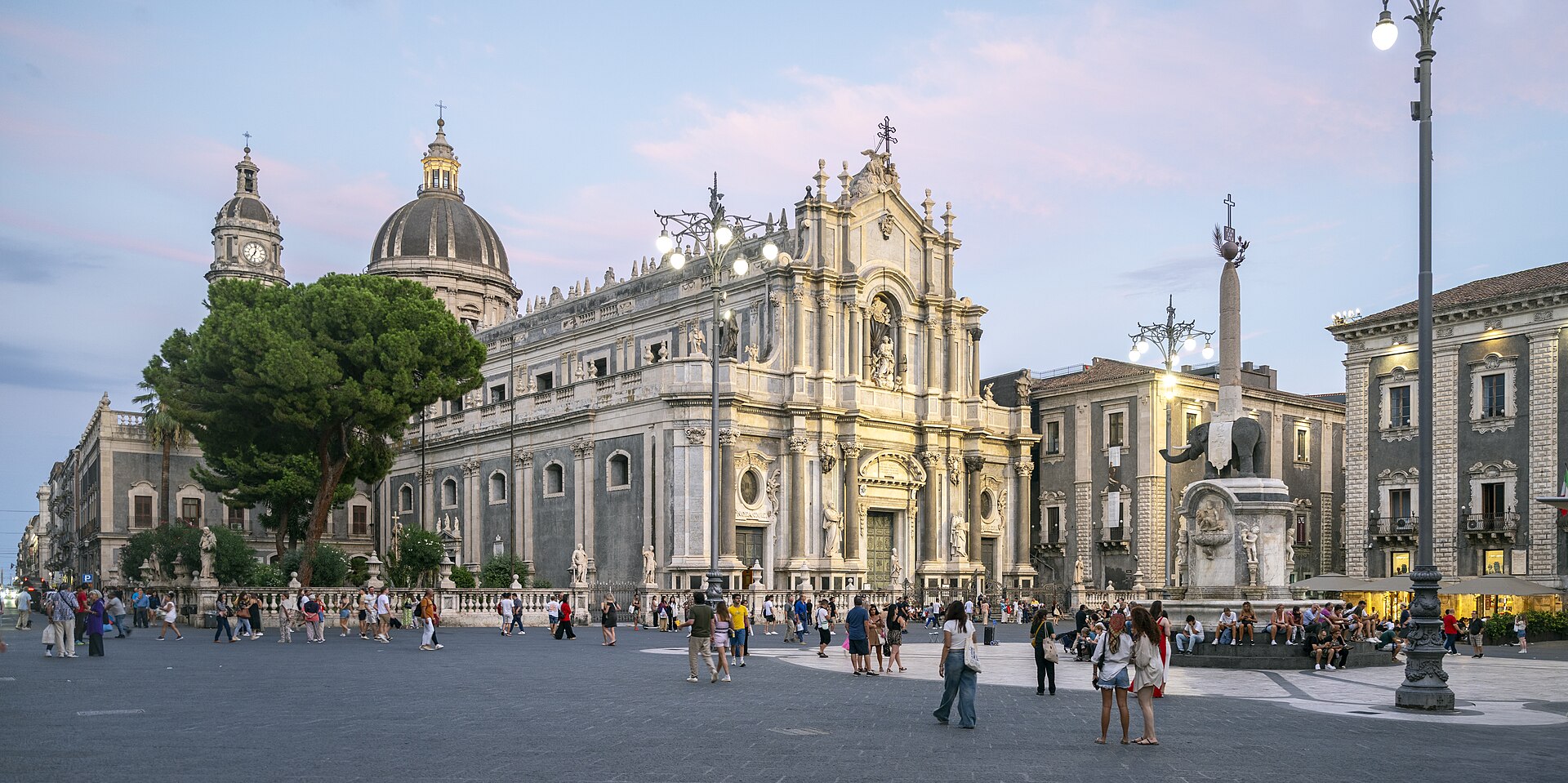 Cathedral, Elephant Fountain and Baroque buildings around Piazza del Duomo in Catania