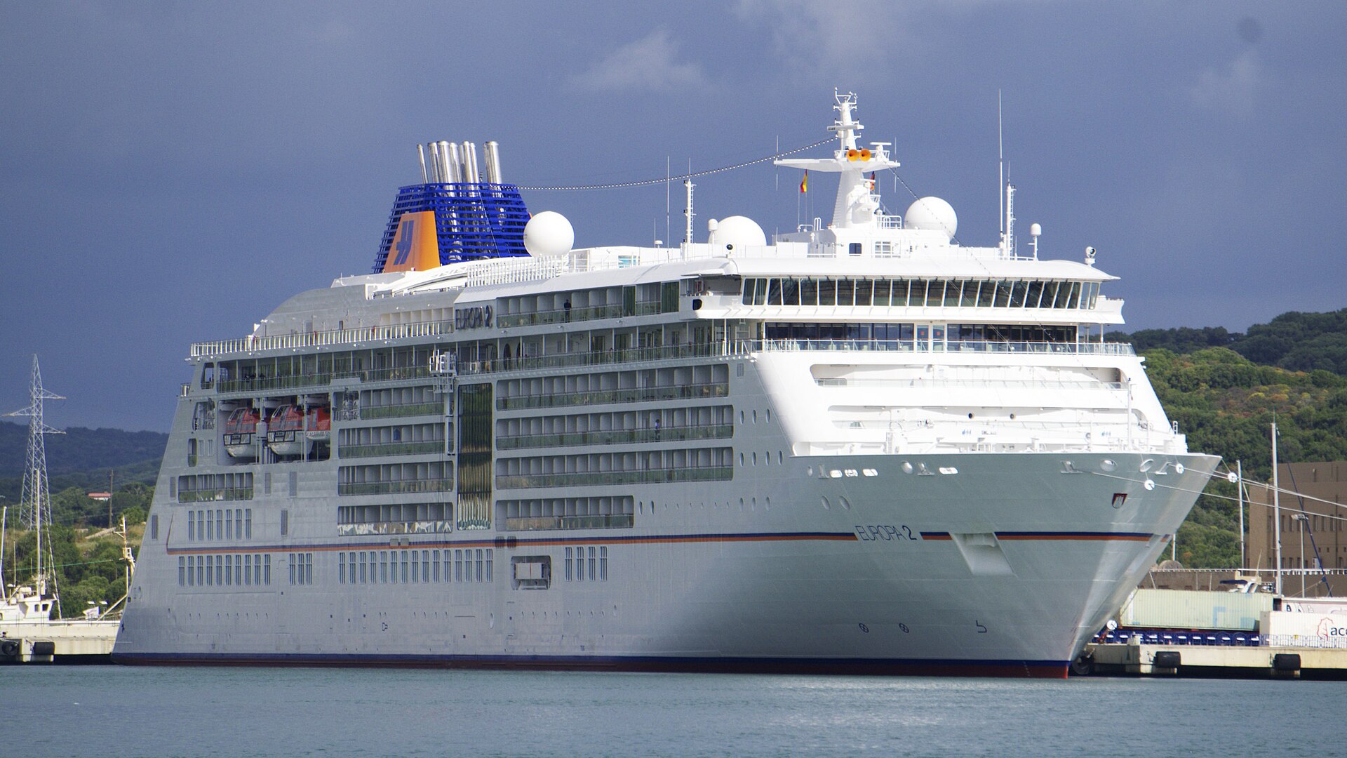 Cruise ship berthed in the natural harbor of Mahón, Menorca