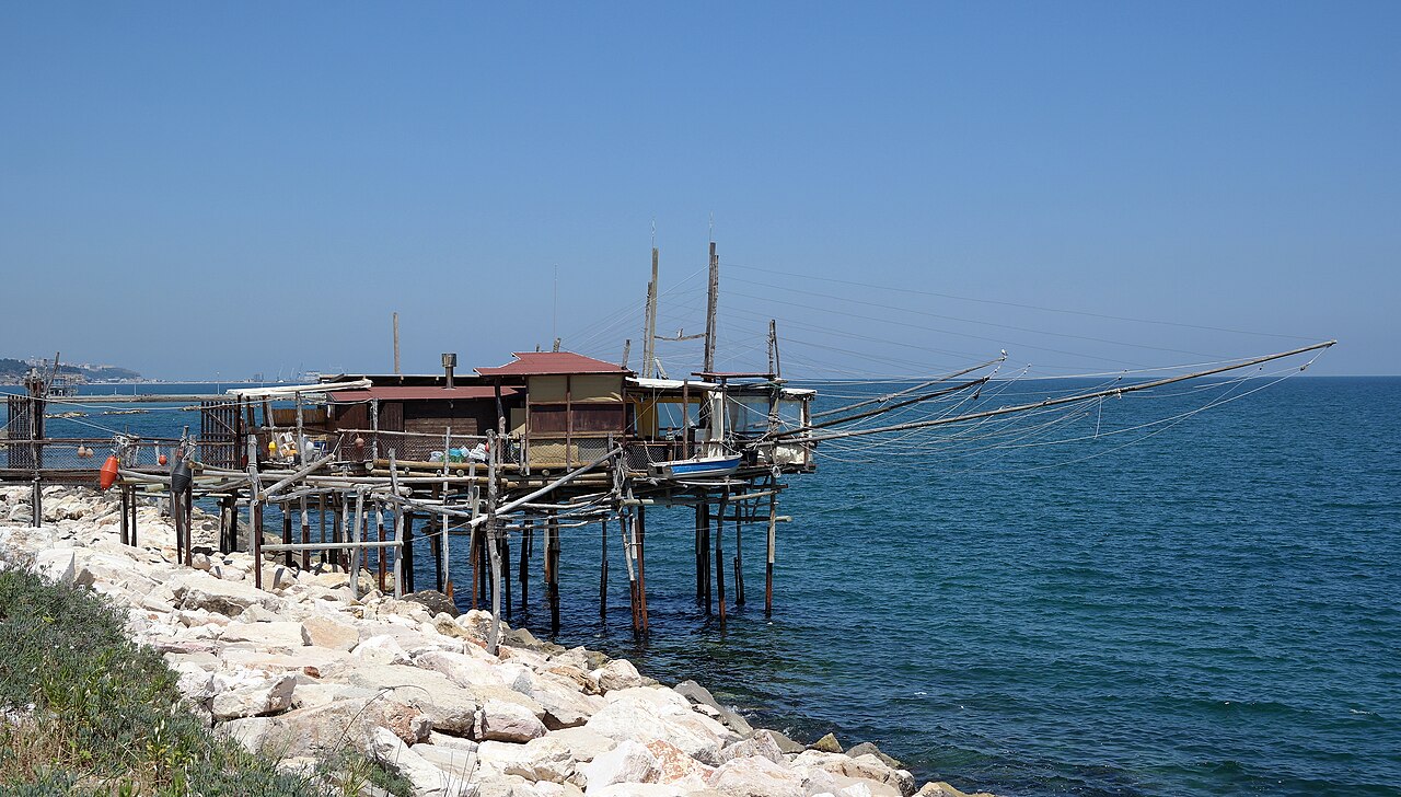 Traditional wooden trabocco fishing platform extending over the Adriatic beside San Vito Marina on the Trabocchi Coast